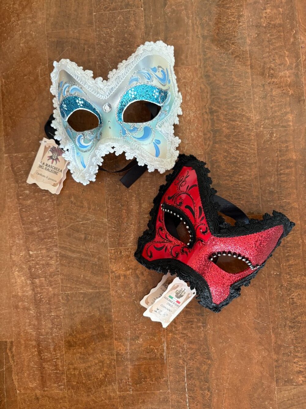 Set of 2 Hand Painted Venetian Carnival Masks | Red & Blue Lace Venezia